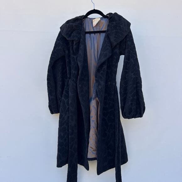 Rebecca Taylor Wool Angora Leopard Velvet Belted Coat Black 6 Puffy Voluminous - Picture 11 of 13